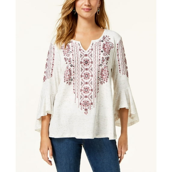 Style & Co Printed Split Neck Angel Sleeve Top Wine Ivory M