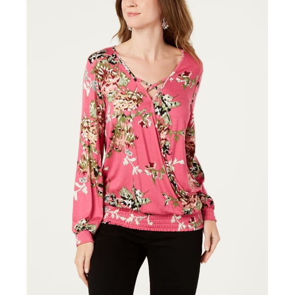Style & Co Printed Stripe Smocked Surplice Top Pink S