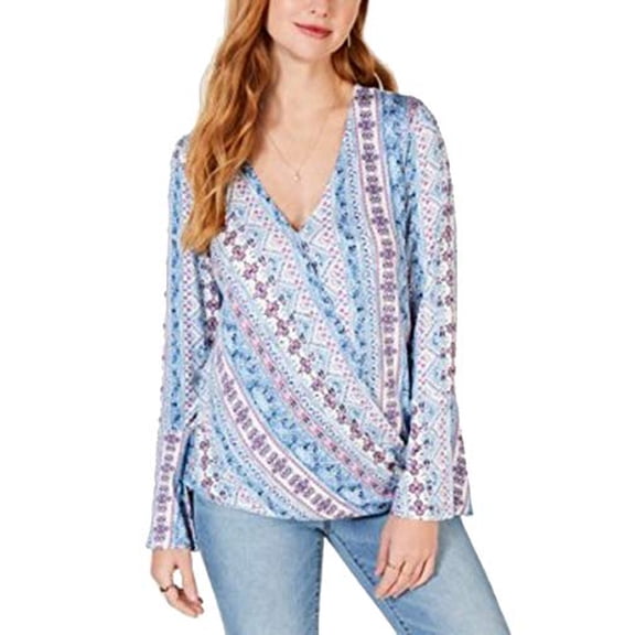 Style & Co. Printed Surplice Bell-Sleeve Top Castaway Lane XS Extra Small