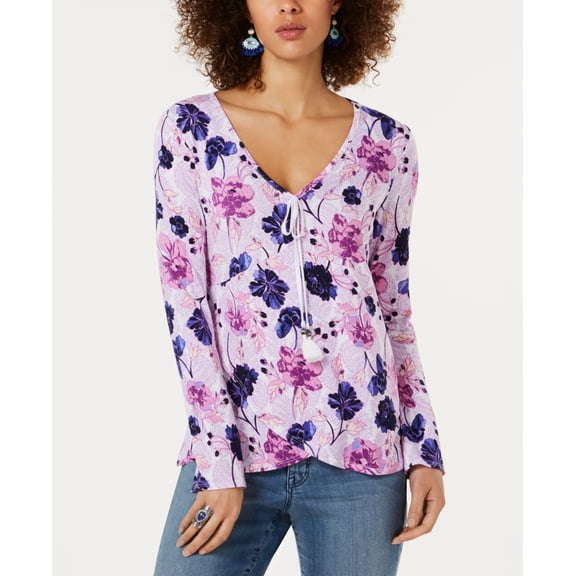 Style & Co Printed Surplice Top Sweeping White XS