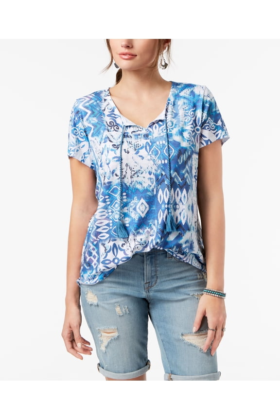 Style & Co Printed Tie Detail T-Shirt Global Wonder L