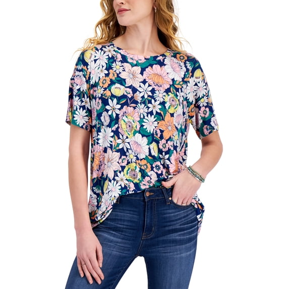 Style & Co Printed Tunic T-Shirt Blue Floral S