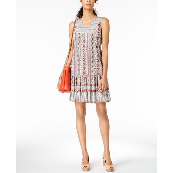 Style & Co Printed V Neck Flounce Dress White Tile Tap S