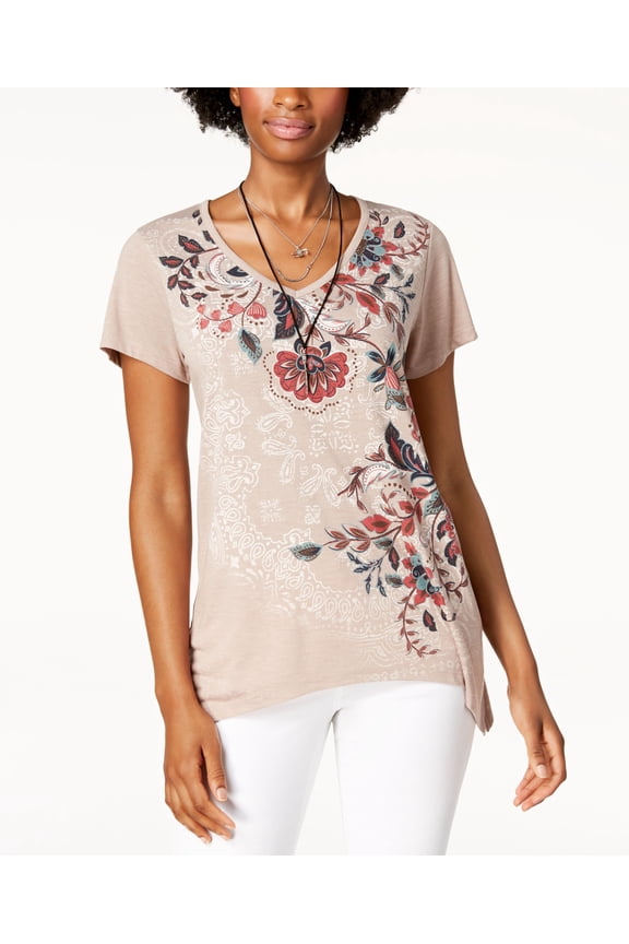 Style & Co Printed V Neck T-Shirt Bandana Blush 2XL