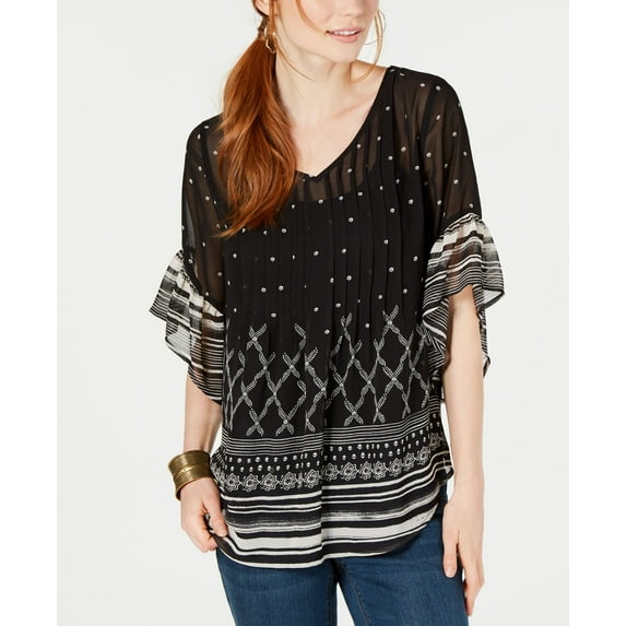 Style & Co Retro Scarf Print Pintuck Pleat Top Fading Facade M