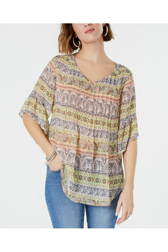 Style & Co Retro Scarf Print Pintuck Pleat Top Mosaic Border S