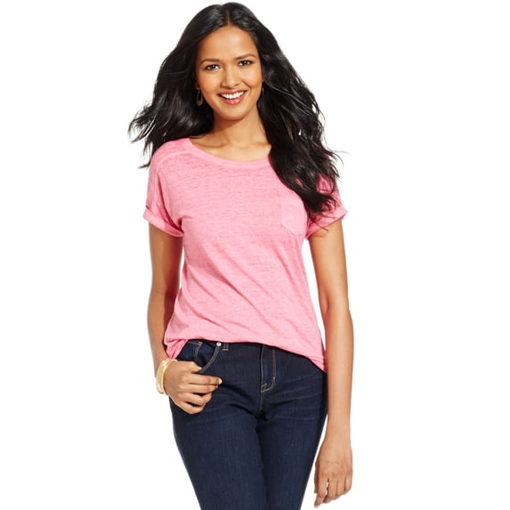 Style & Co. Roll Sleeve Burnout Pocket Tee Pink L