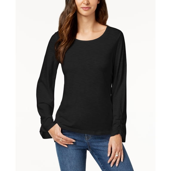 Style & Co Ruched Sleeve Top Deep Black M