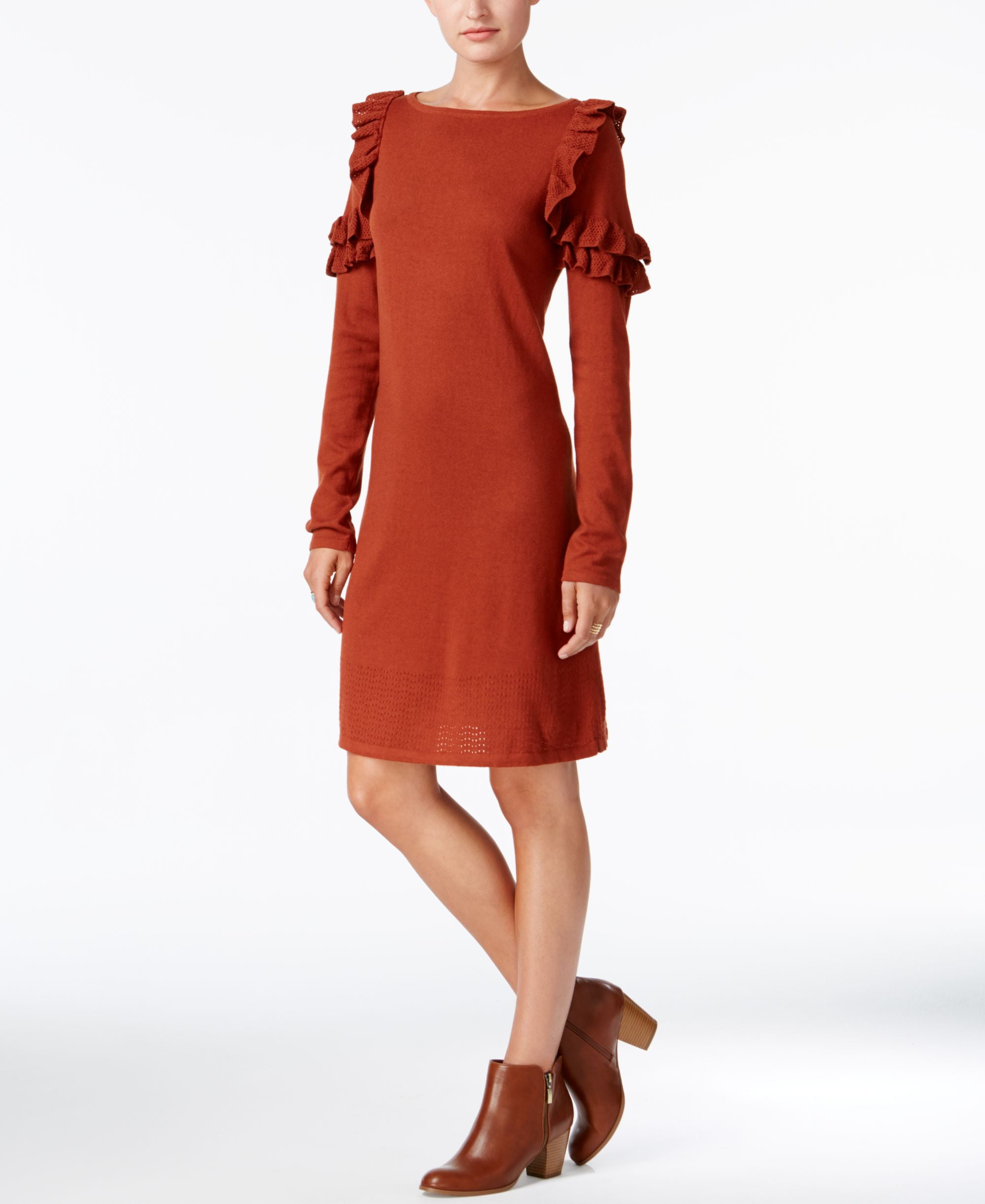 Style & Co Ruffle Shoulder Sweater Dress Rich Auburn XS
