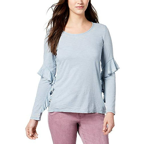 Style & Co. Ruffle-Sleeve Burnout Top (Blue Fog Wash, L)