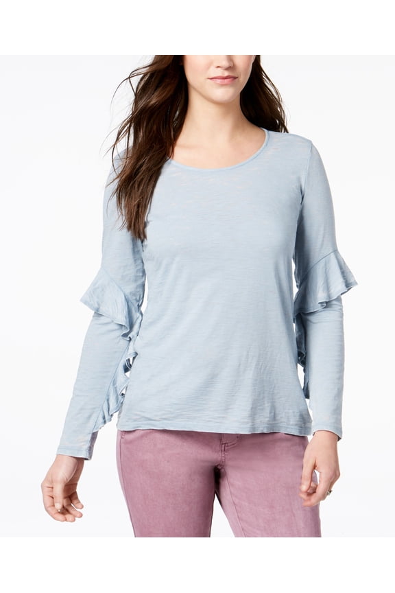 Style & Co Ruffle Sleeve Burnout Top Cre Blue Fog Wash M