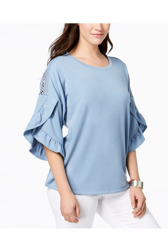 Style & Co Ruffled Crochet Inset Sweatshirt Blue Fog L
