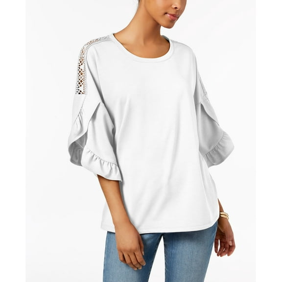 Style & Co Ruffled Crochet Inset Sweatshirt Winter White M