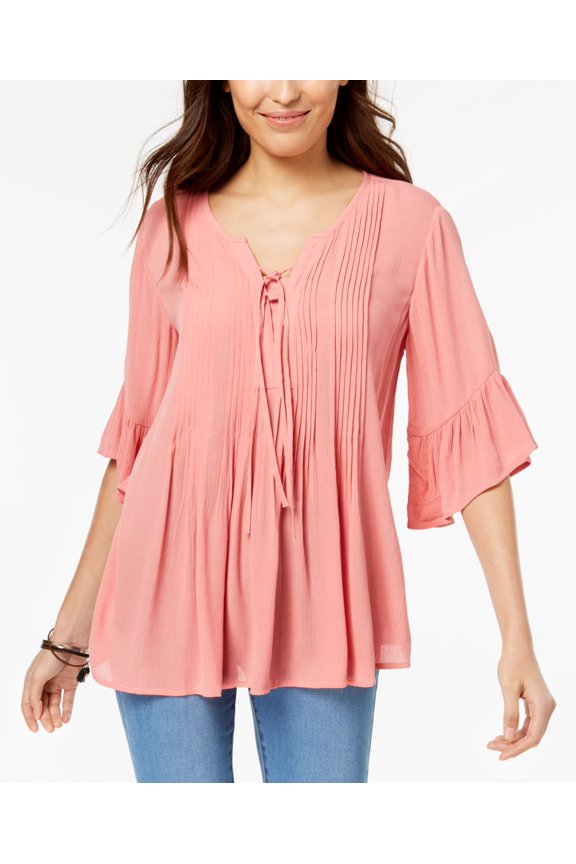 Style & Co Ruffled Lace Up Top Rose Blossom 2XL