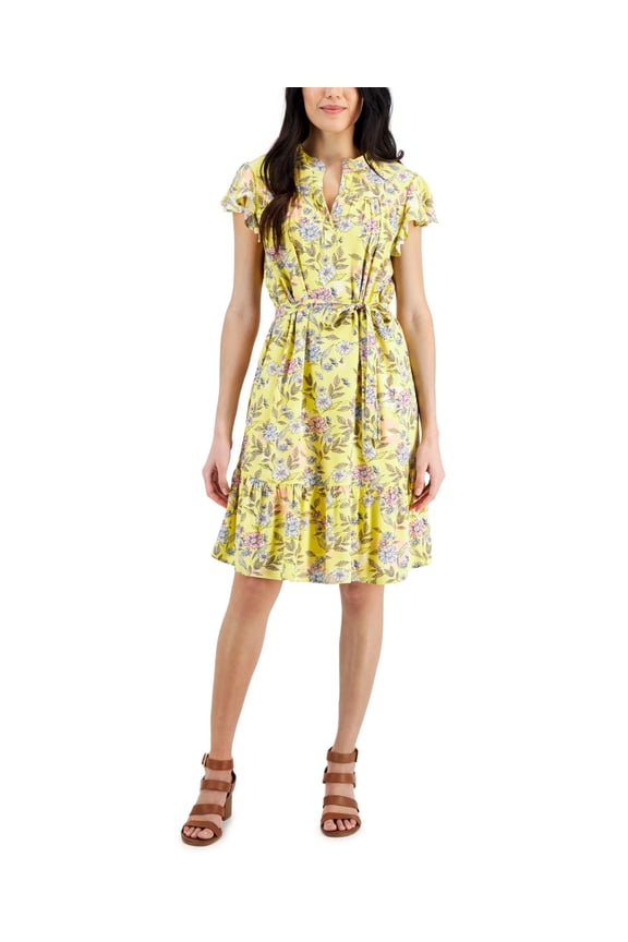 Style & Co SUNBEAM YELLOW Women's Belted Flutter-Sleeve Ruffled Dress, US Small