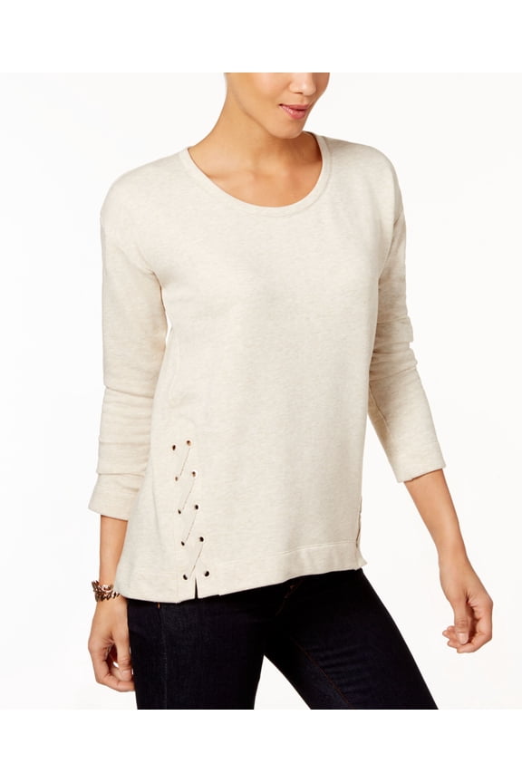 Style & Co Scoop Neck Lace Up Knit Top Oatmeal Heather M