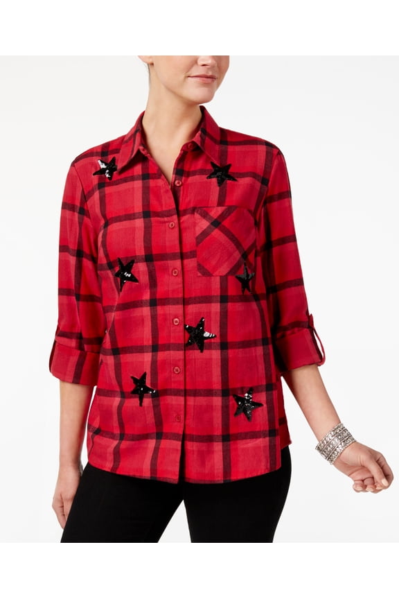 Style & Co Sequin Embellished Plaid Cotton Shirt Wintry Flannel S