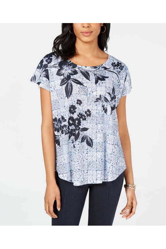 Style & Co Short Sleeve Printed Dolman Top Blue M