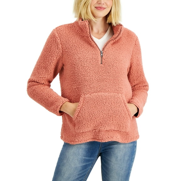 Style & Co Solid Half Zip Fleece Pullover Light Mahogany L