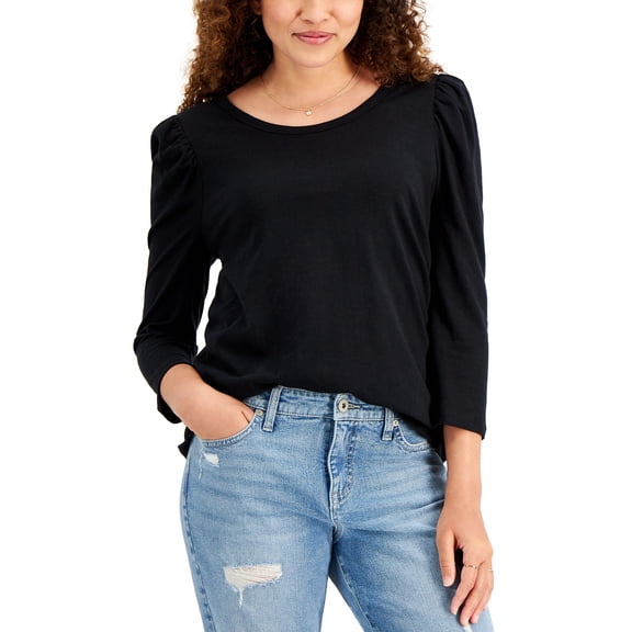 Style & Co Solid Puff Sleeve Top Deep Black S
