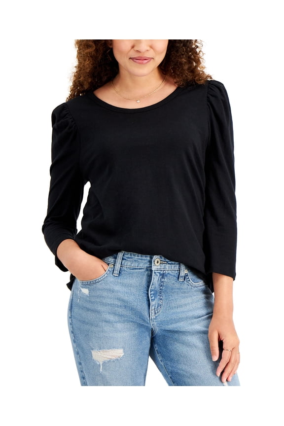 Style & Co Solid Puff Sleeve Top Deep Black S