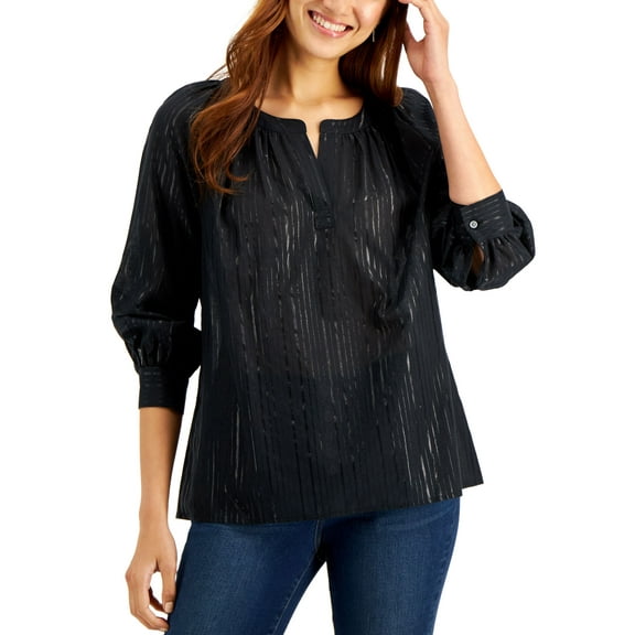 Style & Co Split Neck Shimmer Blouse Deep Black S