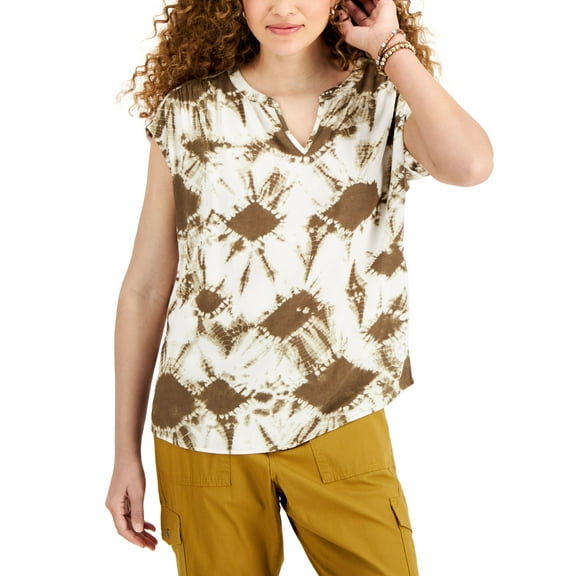 Style & Co Split Neck Top Diamond Neutral M