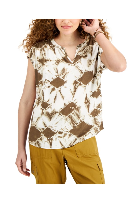 Style & Co Split Neck Top Diamond Neutral M