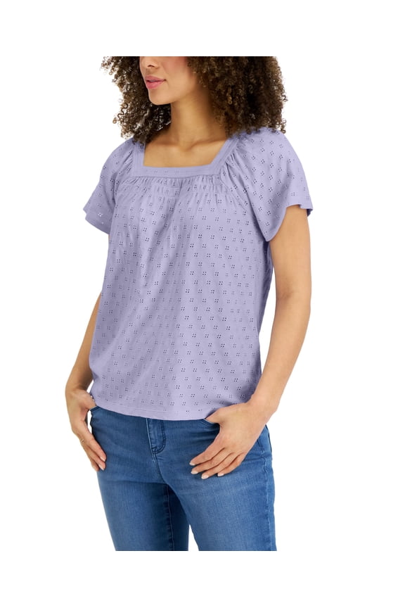 Style & Co Square Neck Eyelet Top Lilac Fog S