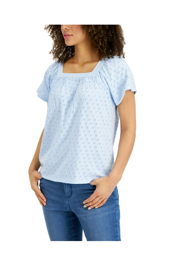 Style & Co Square Neck Eyelet Top Spacious Skies M