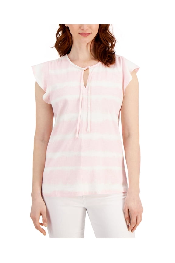 Style & Co Striped Flutter Sleeve Top Fiji Pink Strpe S