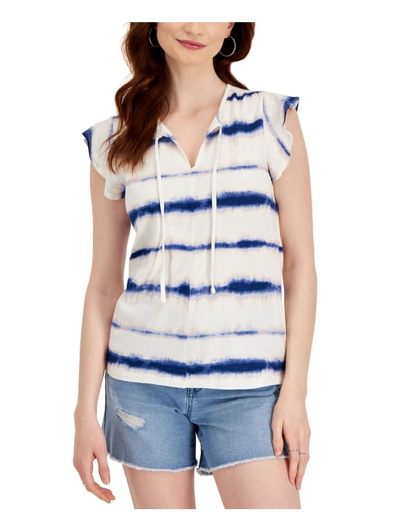 Style & Co Striped Flutter Sleeve Top White Stripe S