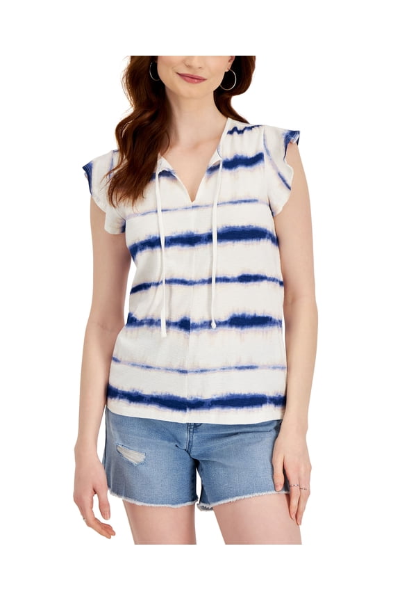 Style & Co Striped Flutter Sleeve Top White Stripe S