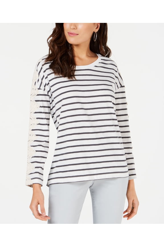 Style & Co Striped Lace Trim Top Captain Stripe L