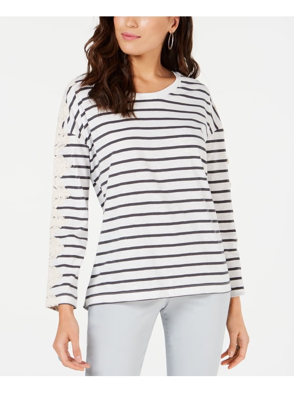 Style & Co Striped Lace Trim Top Captain Stripe L