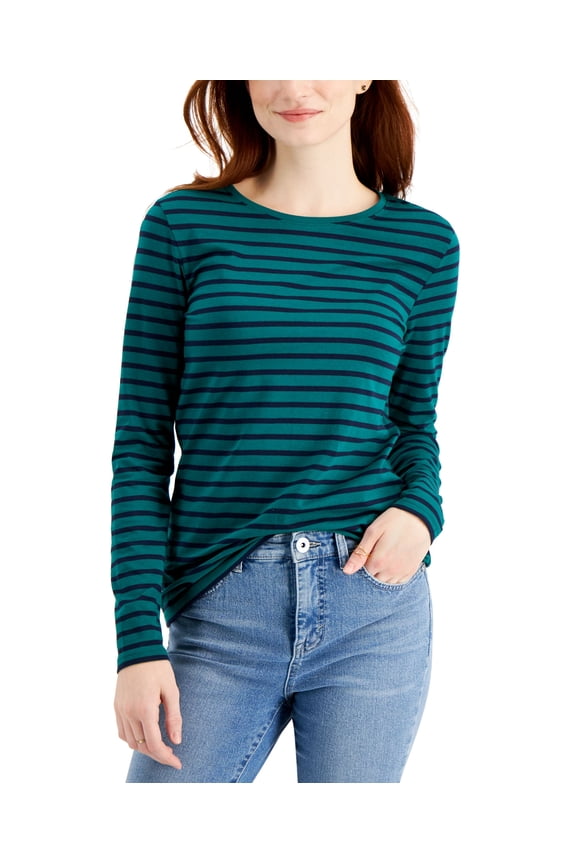 Style & Co Striped Long-Sleeve Top Aventurine Stripe XL