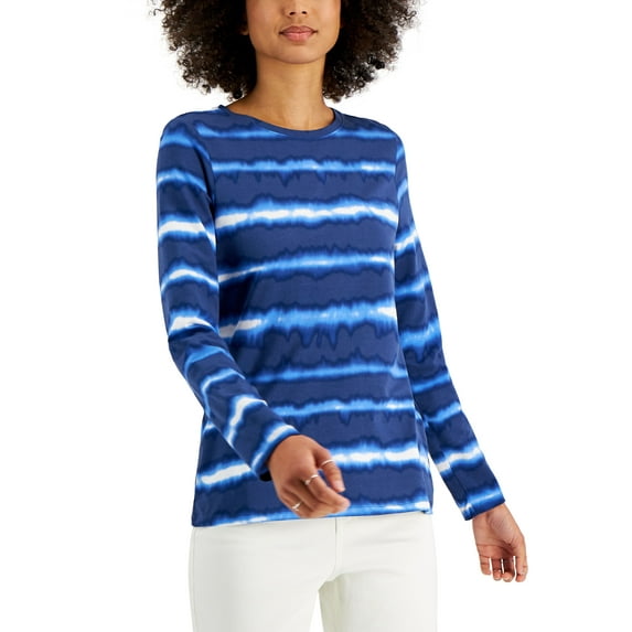 Style & Co Sunray Striped Long Sleeve Crewneck Top Riverside Dye XL