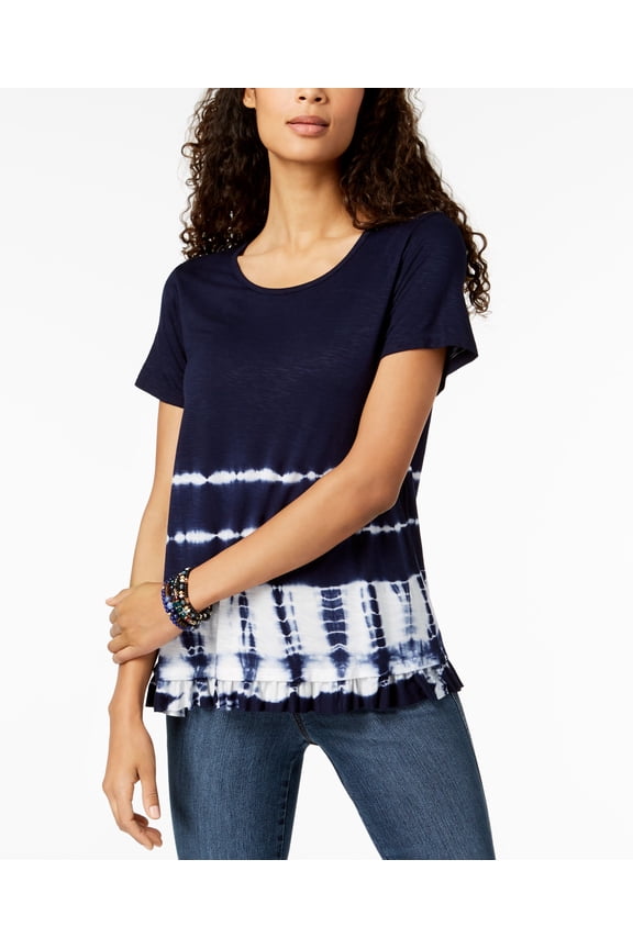 Style & Co Tie Dyed Ruffle T-Shirt Aquatic Emblem L