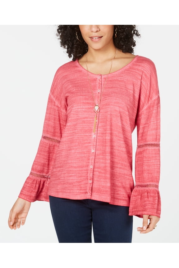 Style & Co Tiered Sleeve Button Up Top Real Red XL