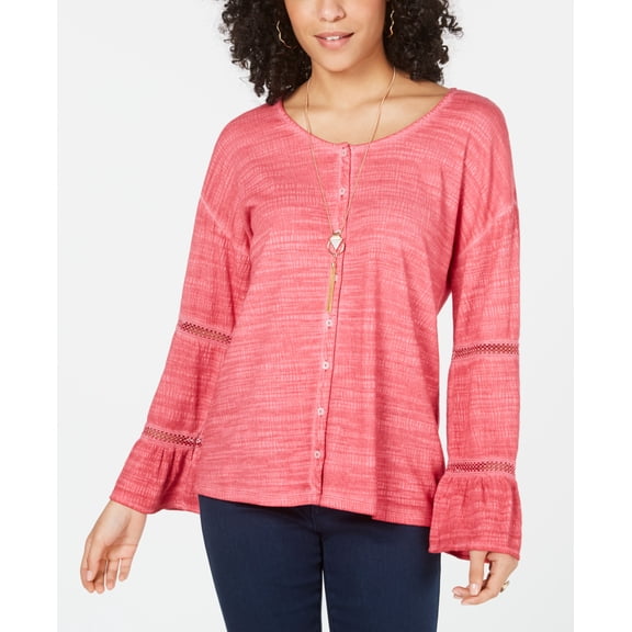 Style & Co Tiered Sleeve Button Up Top Real Red XL