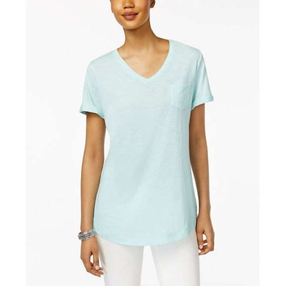 Style & Co V Neck Burnout Pocket T-Shirt Aqua Brook XS