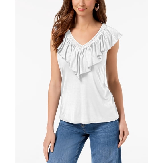 Style & Co V Neck Ruffled Top Bright White L