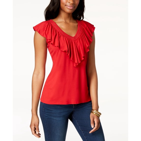 Style & Co V Neck Ruffled Top Real Red XS