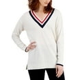 thumbnail image 1 of Style & Co V Neck Striped Trim Sweater Varsity Shitake M, 1 of 1