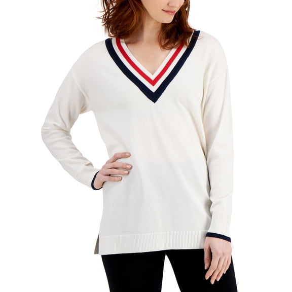Style & Co V Neck Striped Trim Sweater Varsity Shitake M