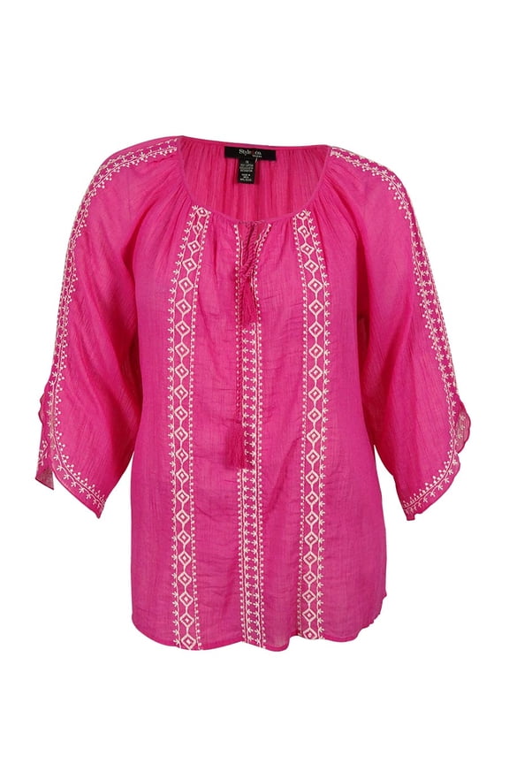 Style& Co. Women's 3/4 Sleeve Embroidered Peasant Top