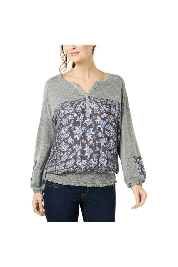 Style & Co Women's Bubble Sleeve Smocked Floral Top Purple Bndna Exprs Size XL