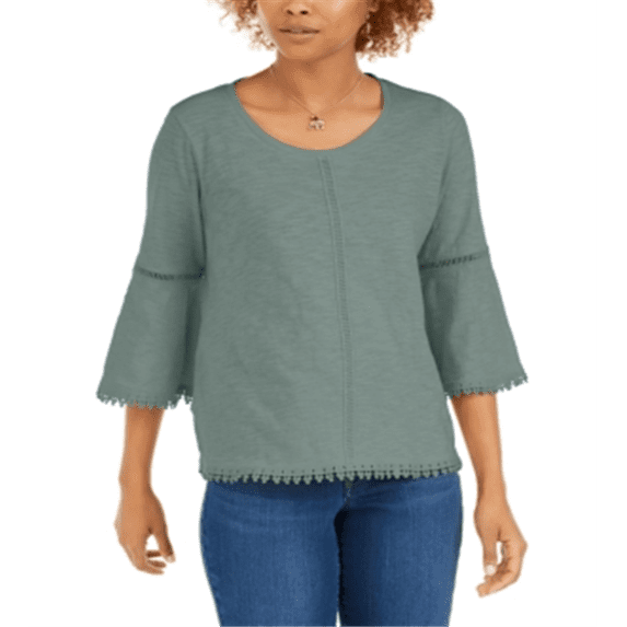 Style & Co Women's Crochet Trim Bell-Sleeve Top Green Size Large
