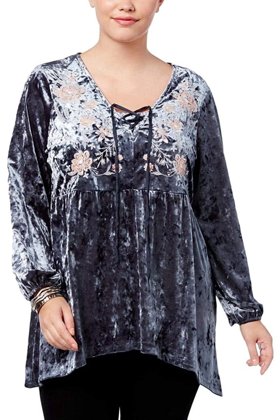 Style & Co Women's Crushed Velvet Peasant Top Grey Size Large