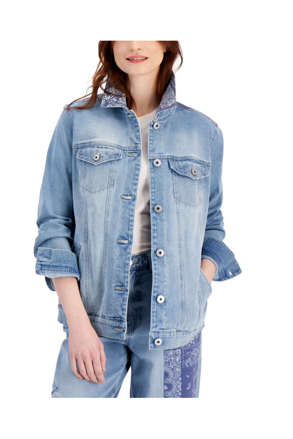 Style & Co Denim Trucker Jacket Bandana Roses XL